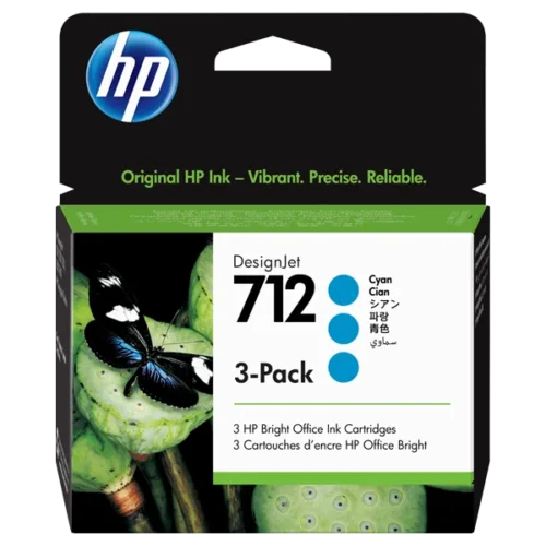 HP DesignJet 712 Ink Cartridges 3-Pack Cyan packaging highlighting vibrant, precise printing for HP printers