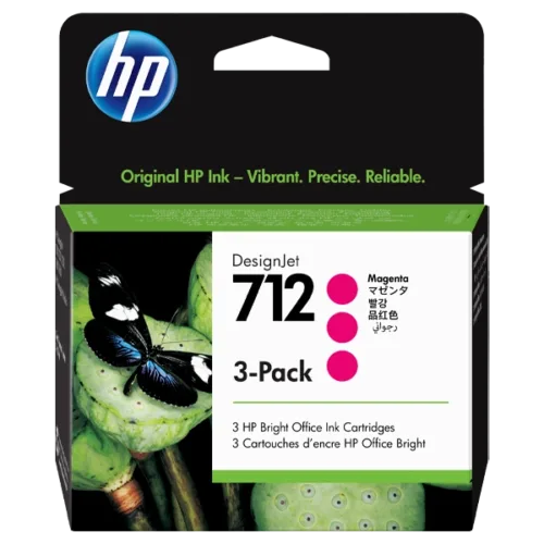 HP DesignJet 712 Ink Cartridges 3-Pack Magenta packaging highlighting vibrant and reliable printing for HP DesignJet printers