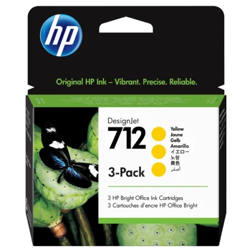 HP DesignJet 712 Ink Cartridges 3-Pack Yellow packaging, providing vibrant and reliable printing for HP DesignJet printers