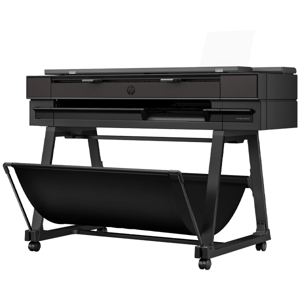 Angled side view of HP DesignJet T850 Multifunction Printer showing paper output tray