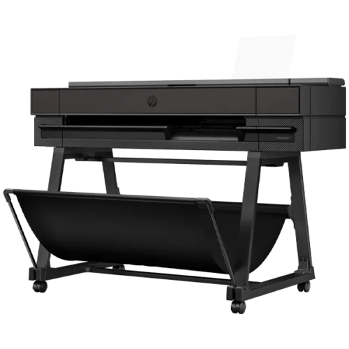 Angled side view of HP DesignJet T850 printer showing its stand and paper tray