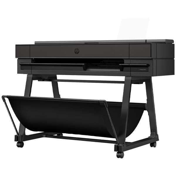 Angled side view of HP DesignJet T850 printer showing its stand and paper tray