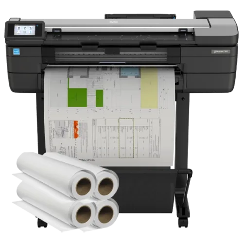 Front view of HP DesignJet T830 24" printer with touchscreen controls