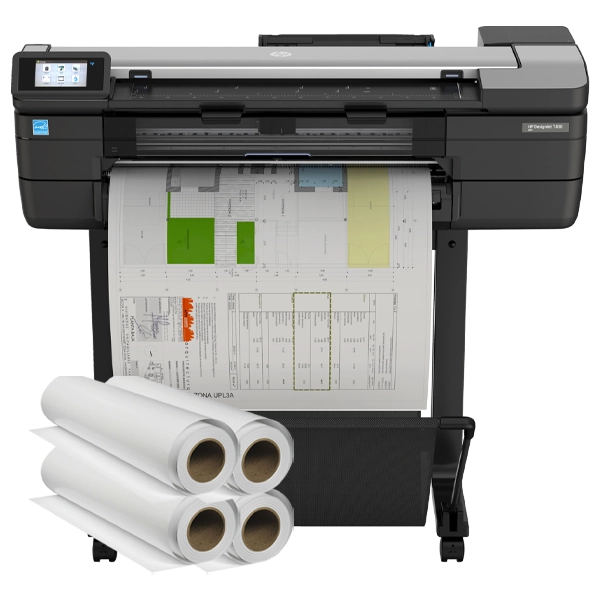 Front view of HP DesignJet T830 24" printer with touchscreen controls