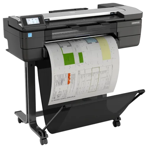 Side view of HP DesignJet T830 24" printer with a printed technical drawing