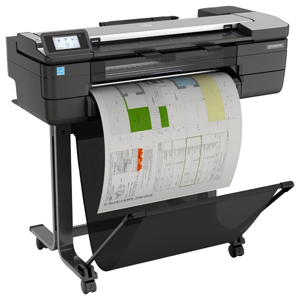Side view of HP DesignJet T830 24" printer with a printed technical drawing