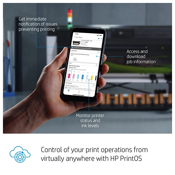 Smartphone displaying real-time updates from HP PrintOS for managing the HP Latex 700 W Printer remotely