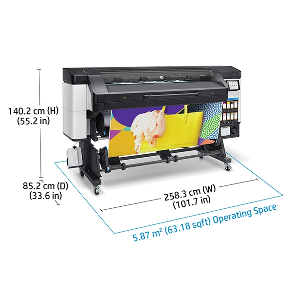 Dimensions of the HP Latex 700 W Printer displayed alongside its operating space requirements