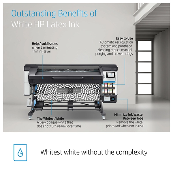 HP Latex 800 W Printer highlighting the benefits of white ink, including ease of use and waste reduction