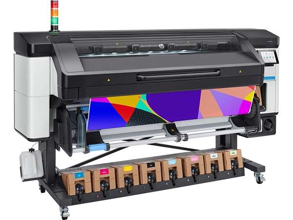 Front view of the HP Latex 800 W Printer with visible ink cartridges and output tray