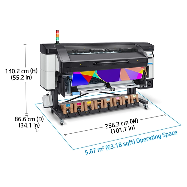 HP Latex 800 W Printer showcasing compact design and operating space requirements