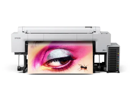 SureColor P20570 64-Inch Professional Wide-Format Printer delivering high-resolution, vibrant prints in a modern studio setting